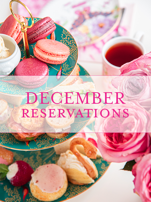 Tea party scene with macarons, tea, and flowers, featuring 'August Reservations' text.